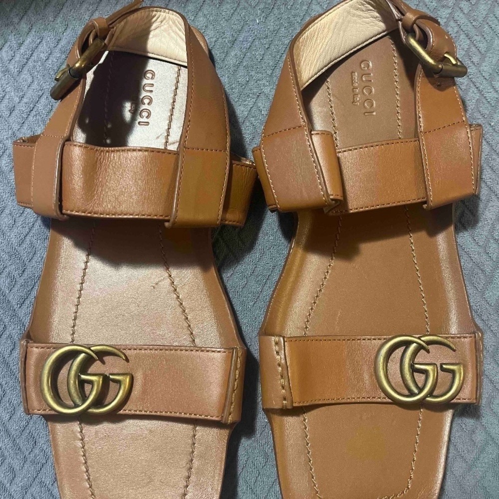 RARE SET Gucci Marmont Tan Leather Flat Sandals Size 39 / US 9 + Rainbow Dustbag - Picture 3 of 15